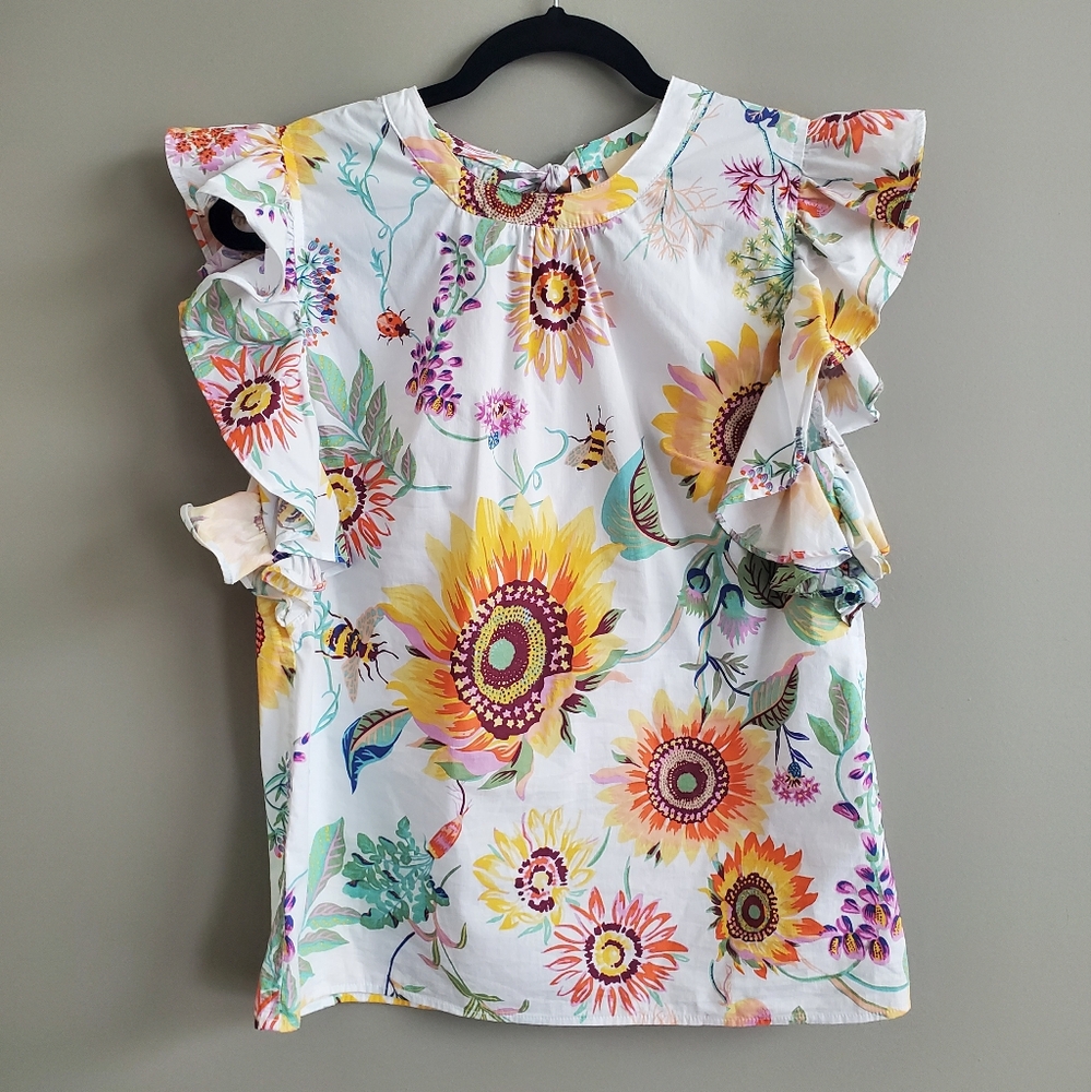Elie Tahari Sunflower Floral Tie Back Ruffle‎ Sleeve Blouse in White Size S